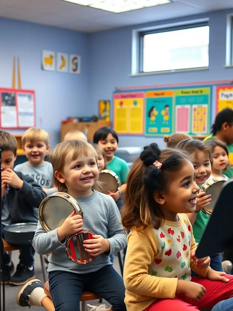 A photo of children participating in a music workshop organized by HASTONMUSIC PRODUCTION, showing them learning to play instruments and engaging in creative expression.