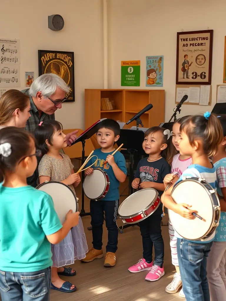 An image of musicians leading a music workshop for underprivileged children, highlighting HASTONMUSIC PRODUCTION's outreach efforts.