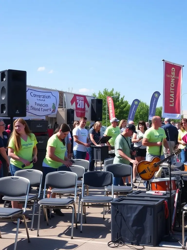 A picture of volunteers setting up for a HASTONMUSIC PRODUCTION event, highlighting the collaborative effort and community involvement in making the events successful.