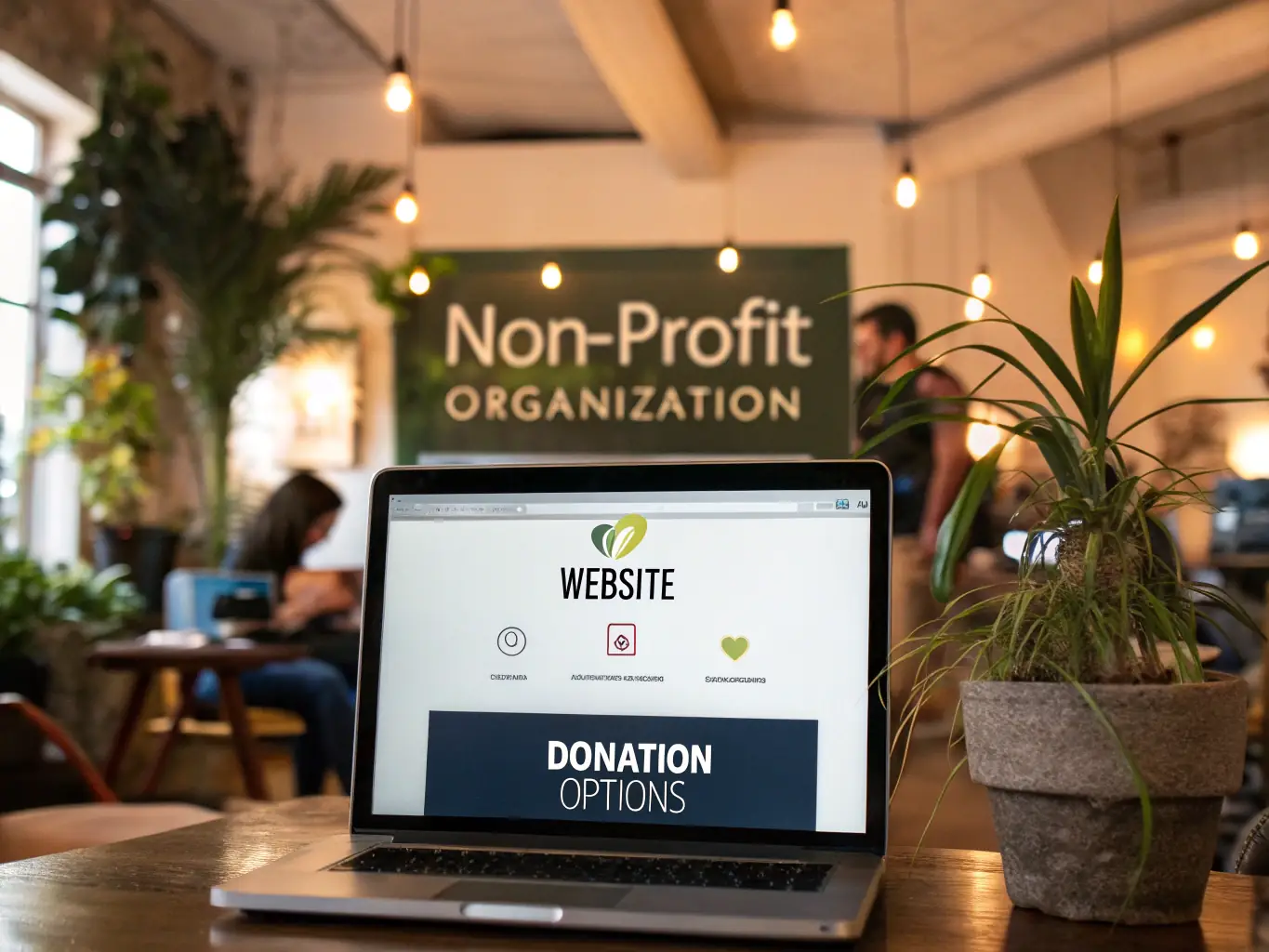 A person making an online donation via a laptop, with a warm and inviting background suggesting community support and digital engagement.