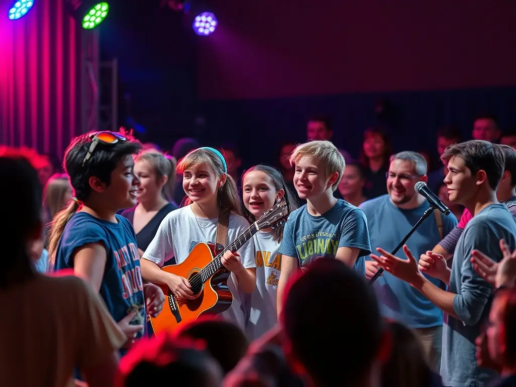 A visually appealing image of a community outreach program organized by HASTONMUSIC PRODUCTION, showing musicians performing for children in a local school or community center.