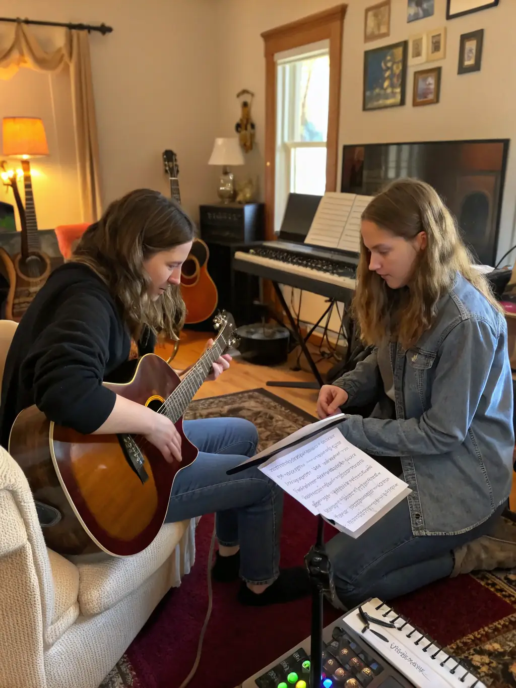 A picture of a professional musician mentoring a young aspiring artist, showcasing HASTONMUSIC PRODUCTION's artist development initiatives.