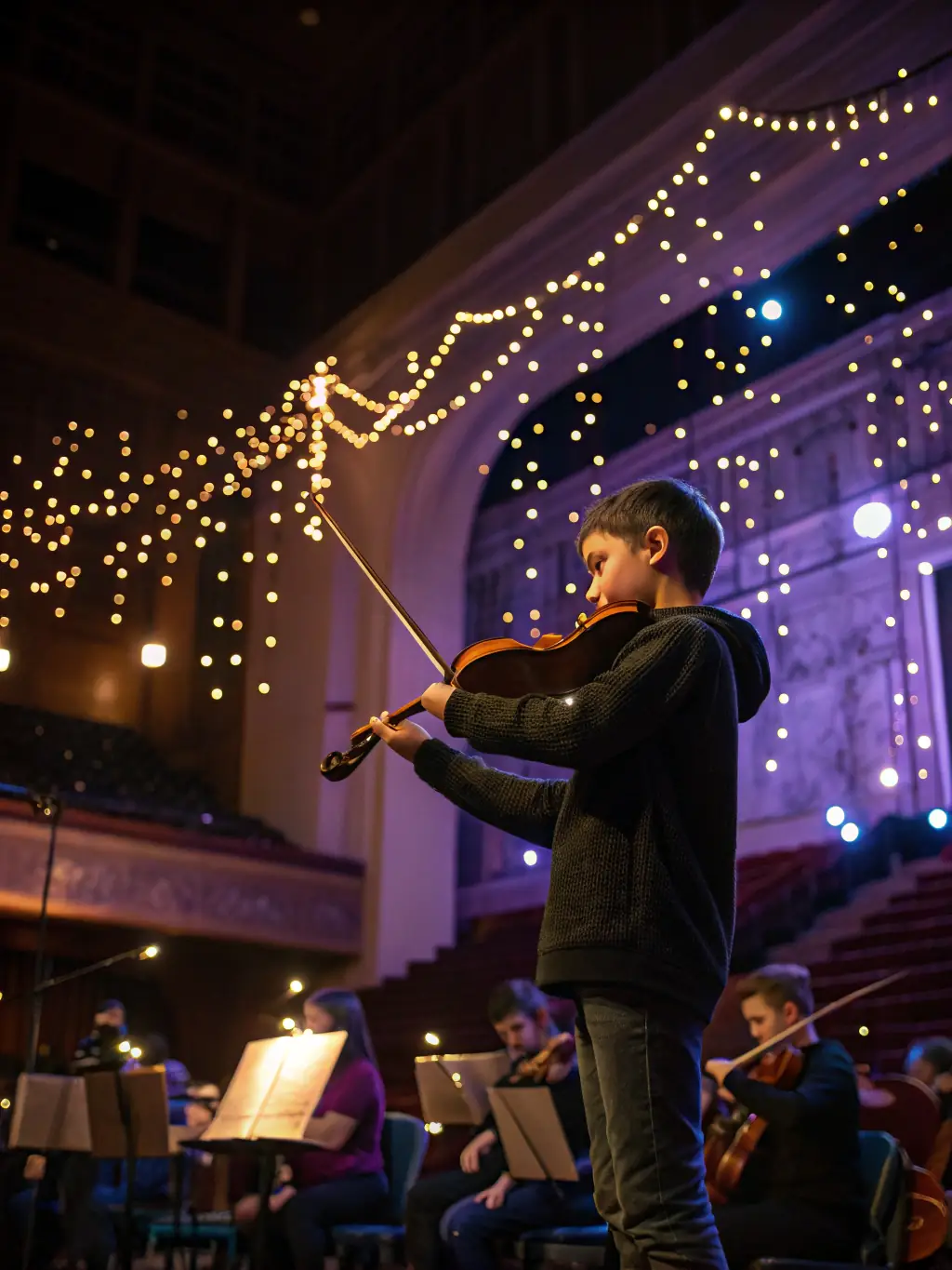 A vibrant image of a youth orchestra performing on stage, showcasing HASTONMUSIC PRODUCTION's commitment to music education and youth development.