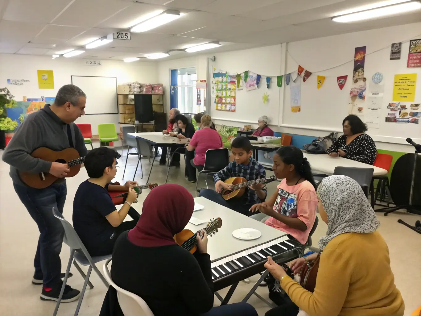 A photograph of a community workshop where participants are actively engaged in a music-related activity, reflecting HASTONMUSIC PRODUCTION's commitment to education and outreach.