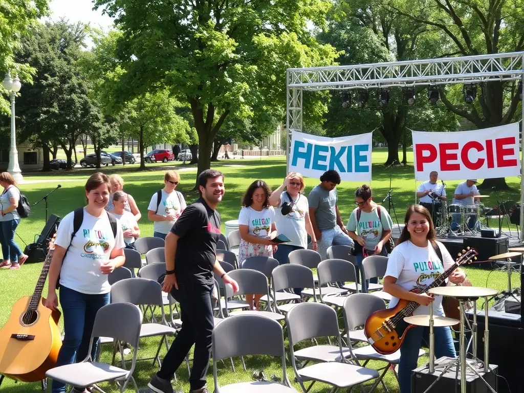 A group of volunteers happily working together at a HASTONMUSIC PRODUCTION event, showcasing teamwork and community involvement.
