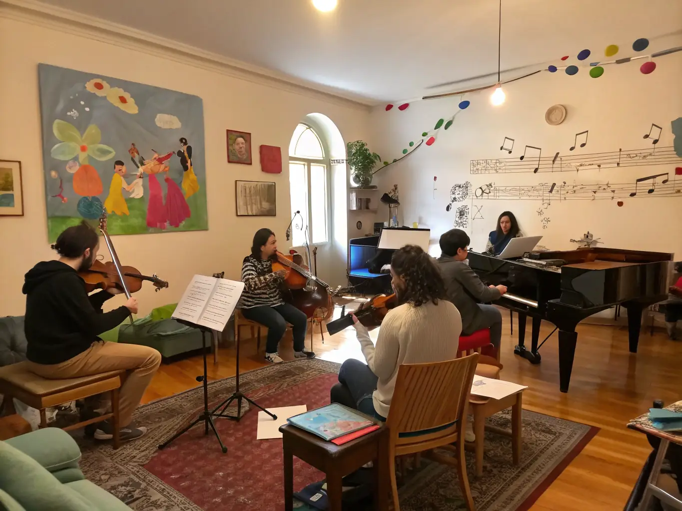 A photograph capturing a music workshop in progress, showing participants of various ages actively engaged in learning to play instruments, with a focus on collaboration and joyful expression.
